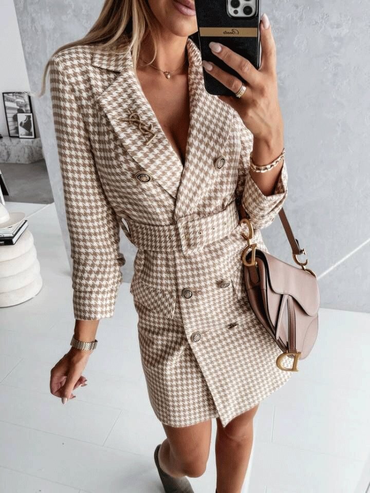 Women's Dresses Plaid Long Sleeve Belt Two-Wear Blazer Dress - LuckyFash™