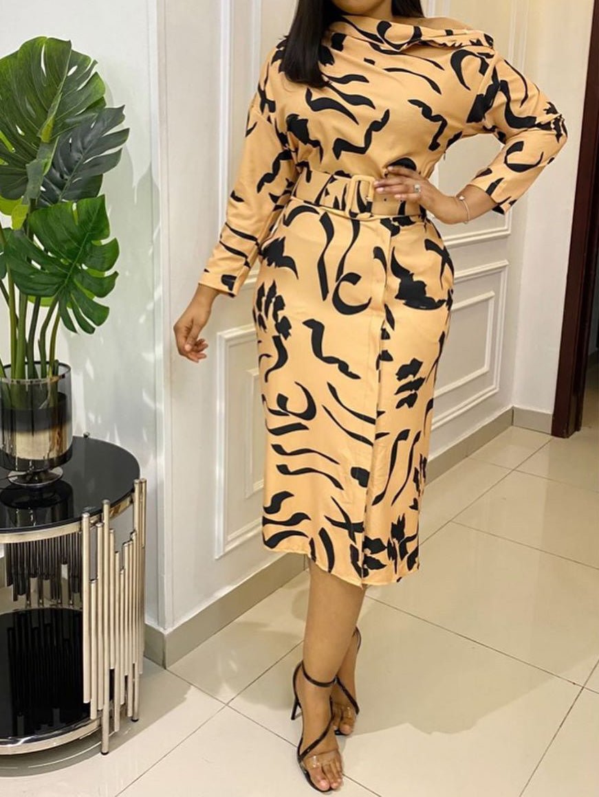 Women's Dresses Printed Belt Off Shoulder Long Sleeve Dress - LuckyFash™