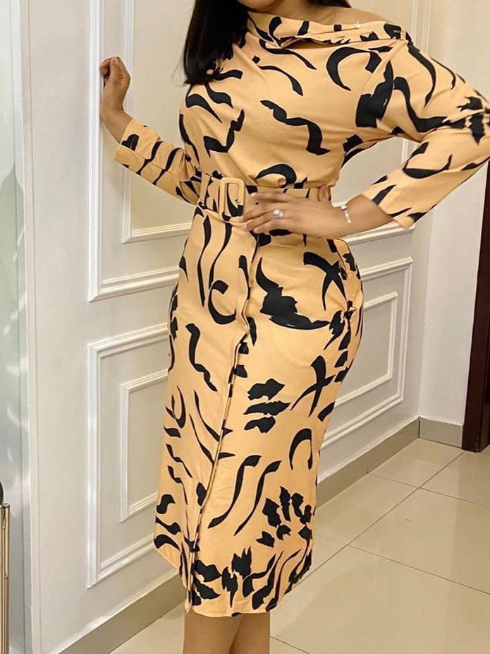 Women's Dresses Printed Belt Off Shoulder Long Sleeve Dress - LuckyFash™