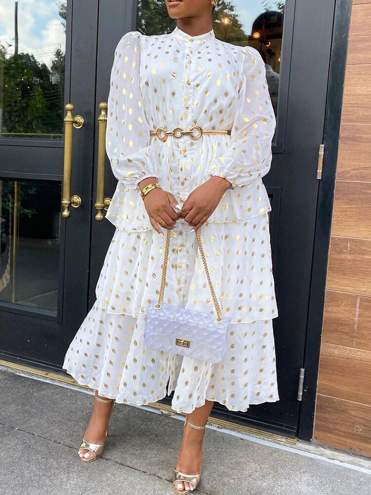 Dresses Printed Button Long Sleeve Ruffle Dress - LuckyFash™