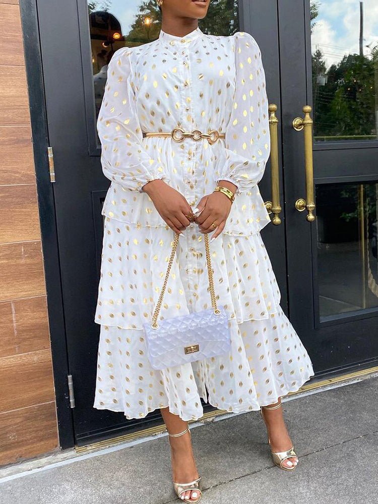 Dresses Printed Button Long Sleeve Ruffle Dress - LuckyFash™