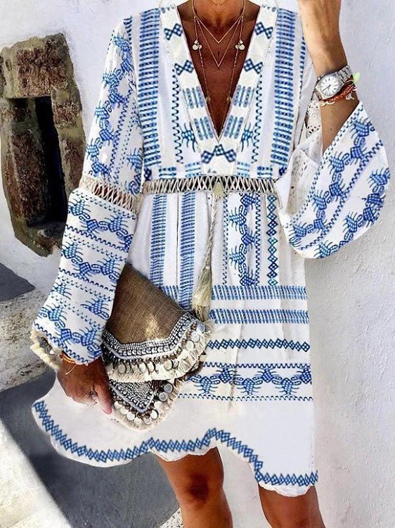 Dresses Printed Hollow Flared Long Sleeve Dress - LuckyFash™