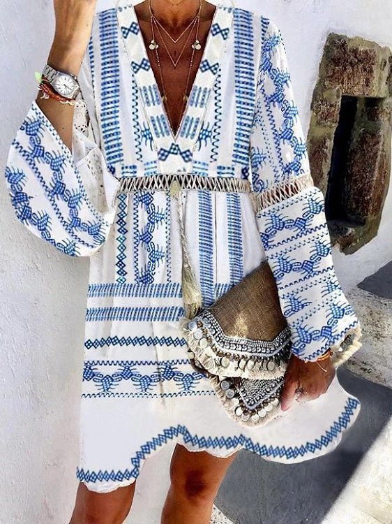Dresses Printed Hollow Flared Long Sleeve Dress - LuckyFash™