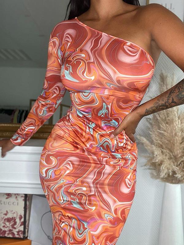 Women's Dresses Printed Slanted Shoulder Long Sleeve Slim Dress - LuckyFash™