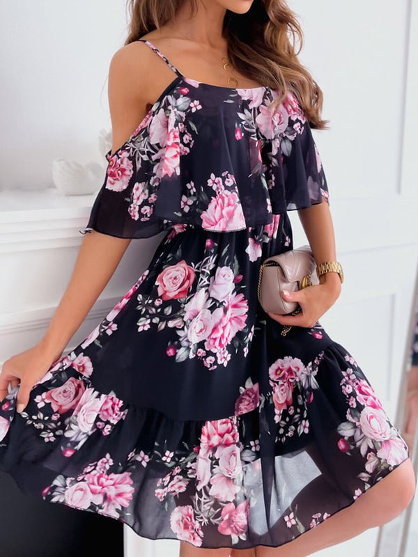 Dresses Printed Sling Off Shoulder Chiffon Dress - LuckyFash™