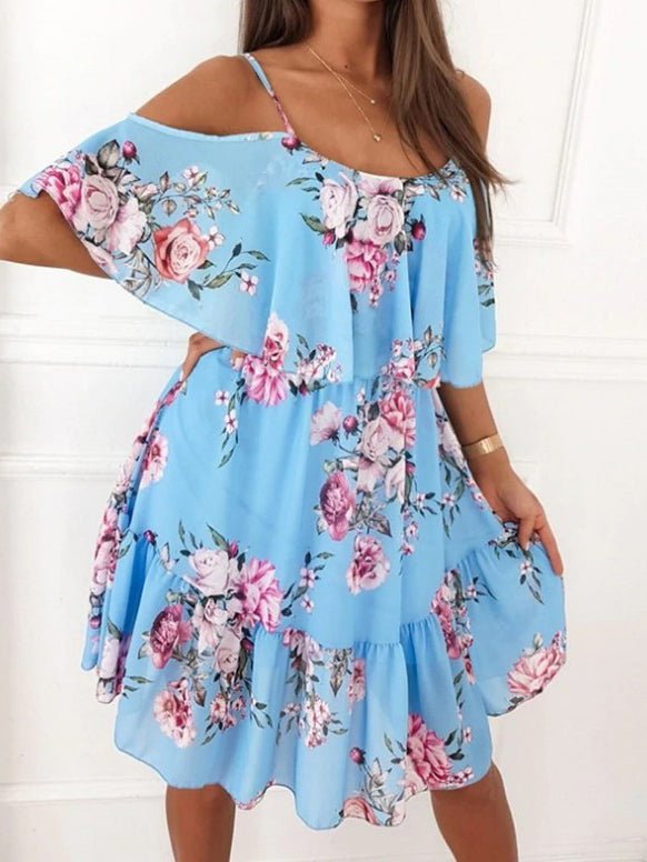 Dresses Printed Sling Off Shoulder Chiffon Dress - LuckyFash™