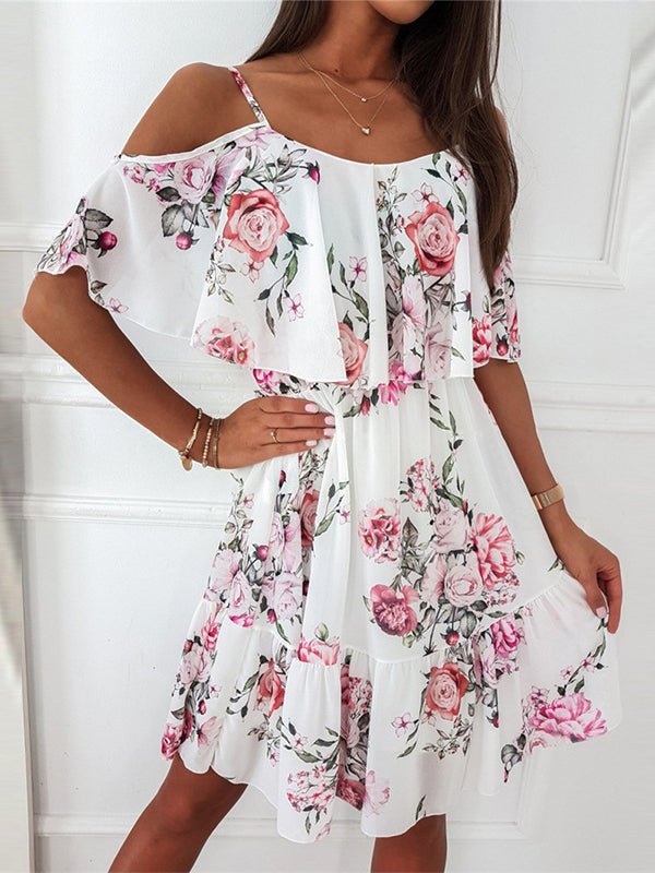 Dresses Printed Sling Off Shoulder Chiffon Dress - LuckyFash™
