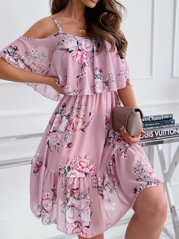 Dresses Printed Sling Off Shoulder Chiffon Dress - LuckyFash™