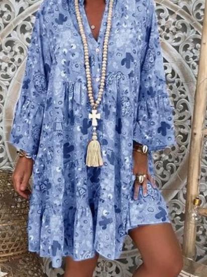 Women's Dresses Printed Stand Collar Button Ruffled Long Sleeve Dress - LuckyFash™