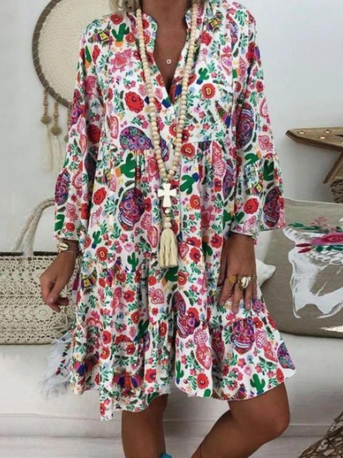 Women's Dresses Printed Stand Collar Button Ruffled Long Sleeve Dress - LuckyFash™