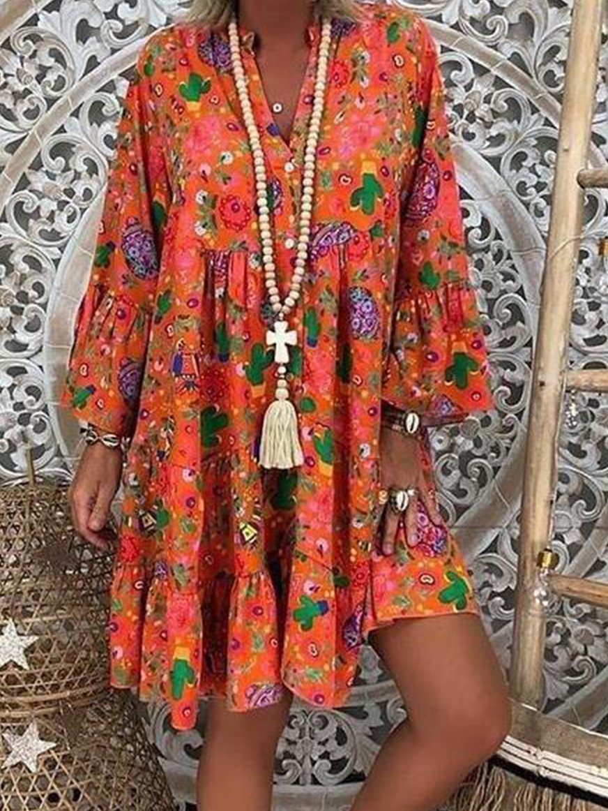 Women's Dresses Printed Stand Collar Button Ruffled Long Sleeve Dress - LuckyFash™