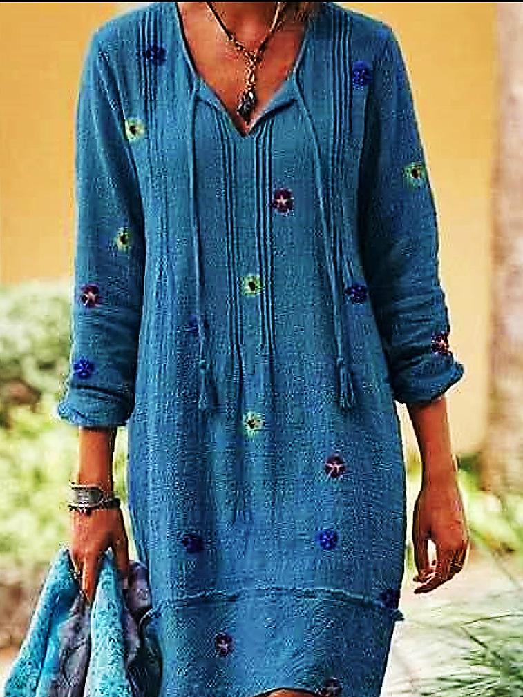 Women's Dresses Printed V-Neck Fringed Long Sleeve Dress - LuckyFash™