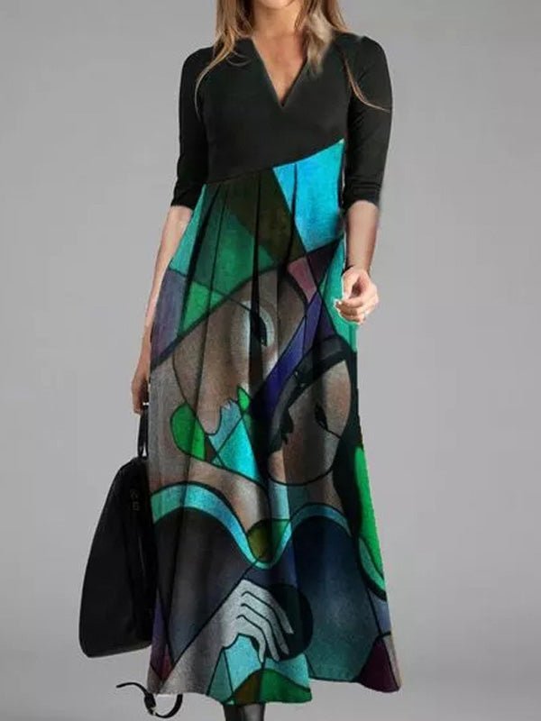 Dresses Printed V-Neck Three-Quarter Sleeve Dress - LuckyFash™