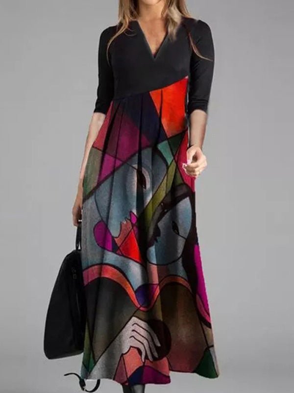 Dresses Printed V-Neck Three-Quarter Sleeve Dress - LuckyFash™