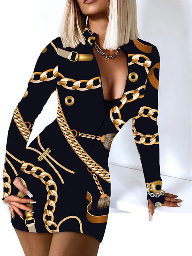 Women's Dresses Printed Zip Long Sleeve Slim Fit Dress - LuckyFash™