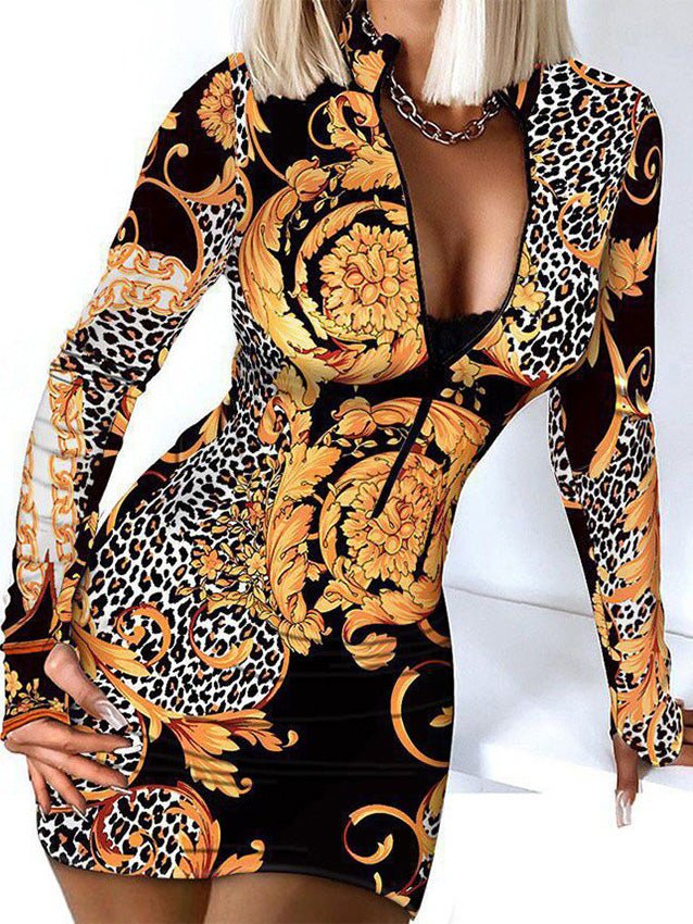 Women's Dresses Printed Zip Long Sleeve Slim Fit Dress - LuckyFash™