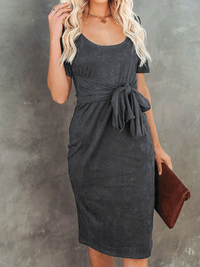 Women's Dresses Round Neck Belted Short Sleeve Dress - LuckyFash™