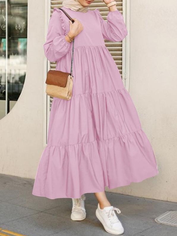 Women's Dresses Round Neck Ruffled Pleated Long Sleeve Dress - LuckyFash™