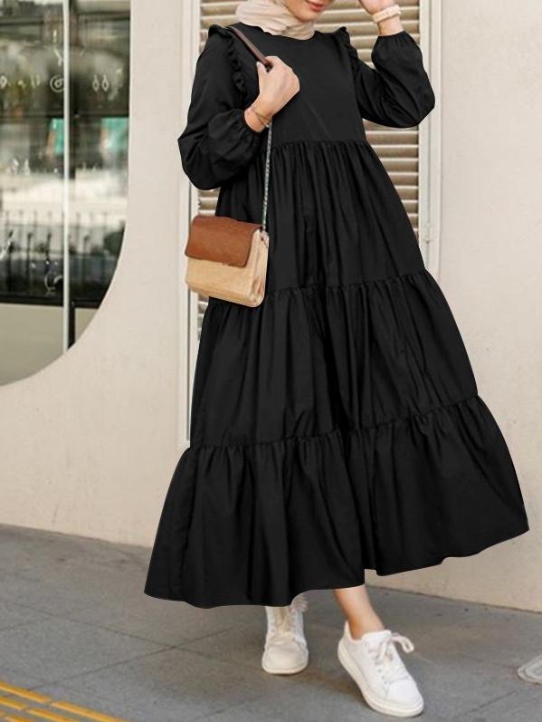 Women's Dresses Round Neck Ruffled Pleated Long Sleeve Dress - LuckyFash™