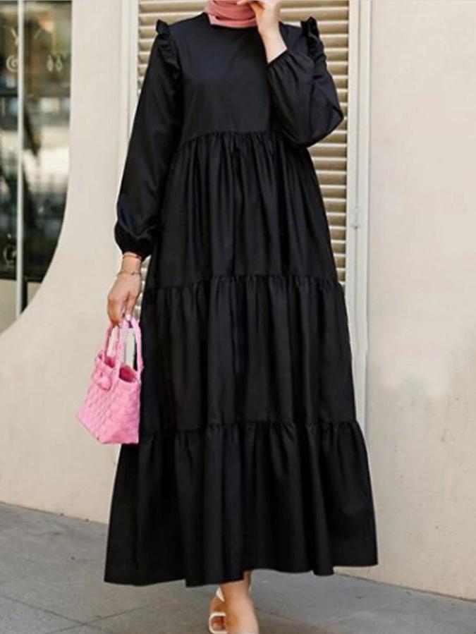 Women's Dresses Round Neck Ruffled Pleated Long Sleeve Dress - LuckyFash™