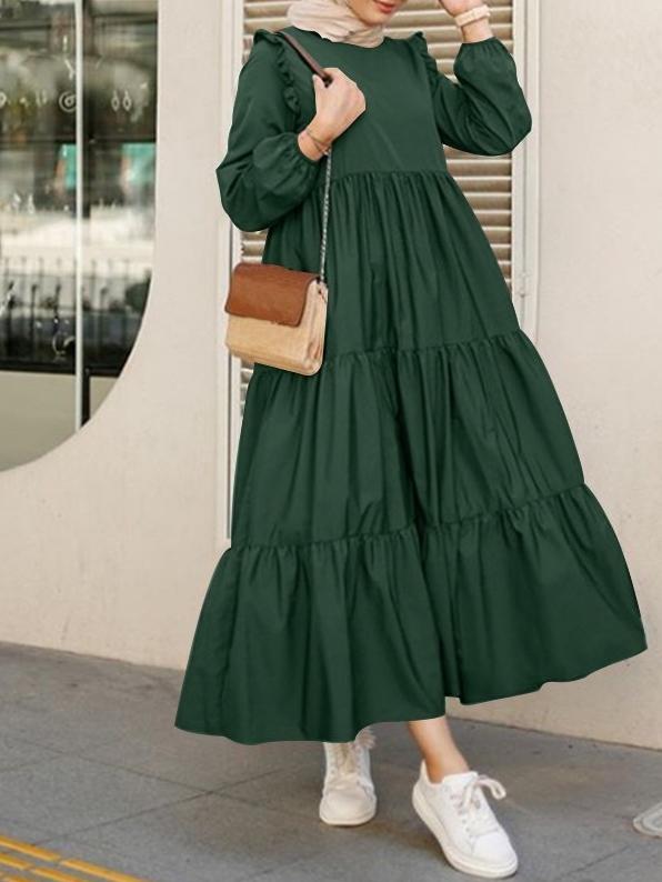 Women's Dresses Round Neck Ruffled Pleated Long Sleeve Dress - LuckyFash™