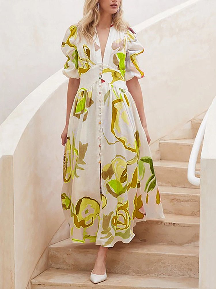 Dresses Ruffled Sleeve Printed Pleated Midi Dress - LuckyFash™