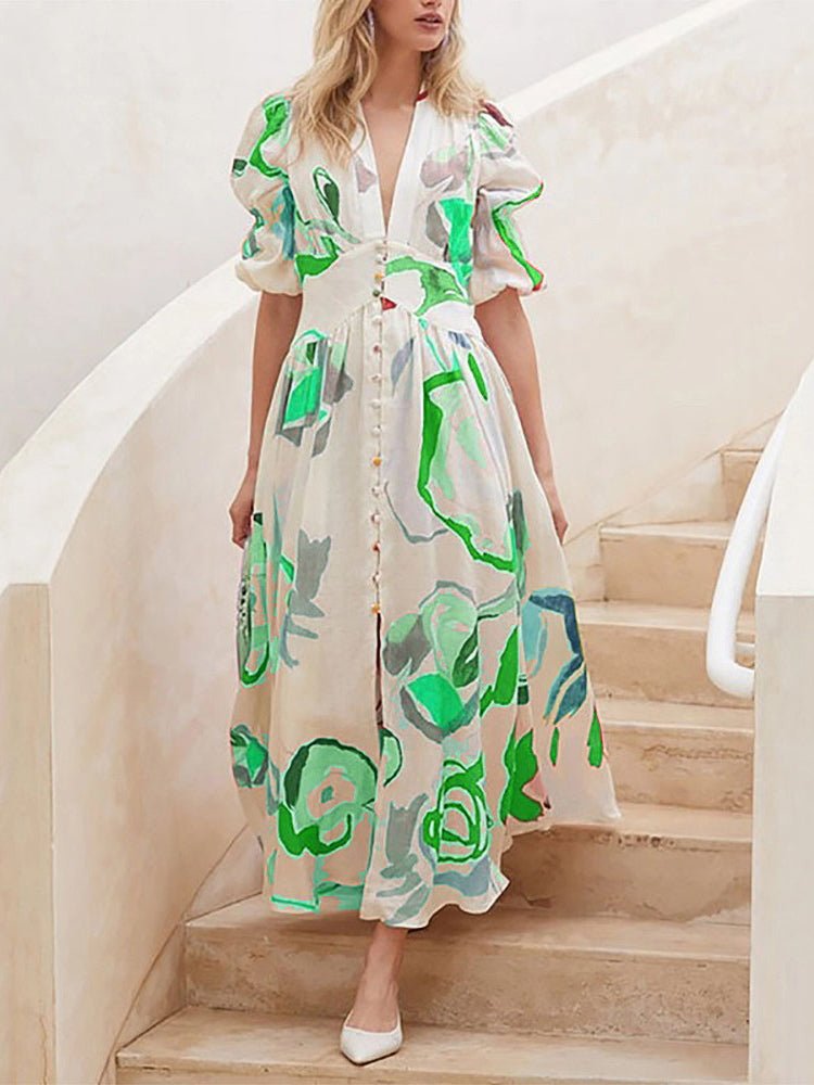 Dresses Ruffled Sleeve Printed Pleated Midi Dress - LuckyFash™