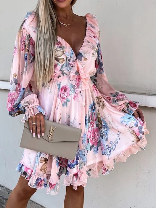 Women's Dresses Ruffled V-Neck Print Long-Sleeve Mini Dress - LuckyFash™