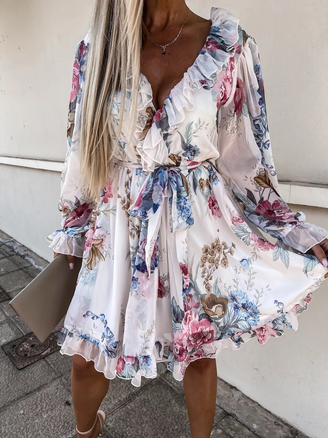 Women's Dresses Ruffled V-Neck Print Long-Sleeve Mini Dress - LuckyFash™