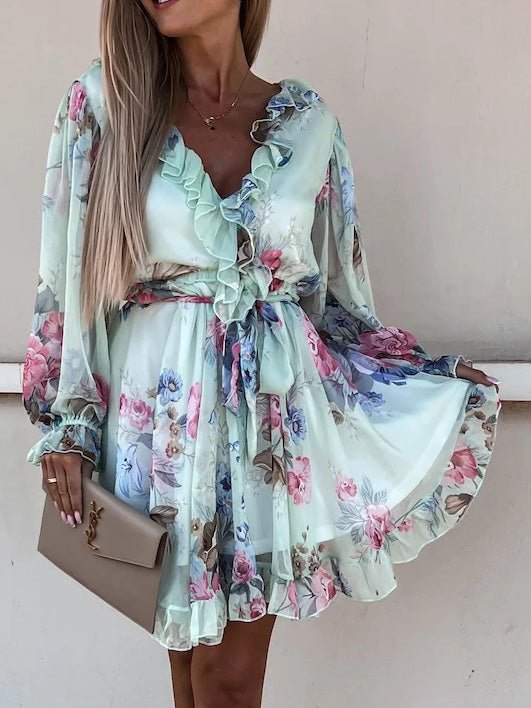 Women's Dresses Ruffled V-Neck Print Long-Sleeve Mini Dress - LuckyFash™