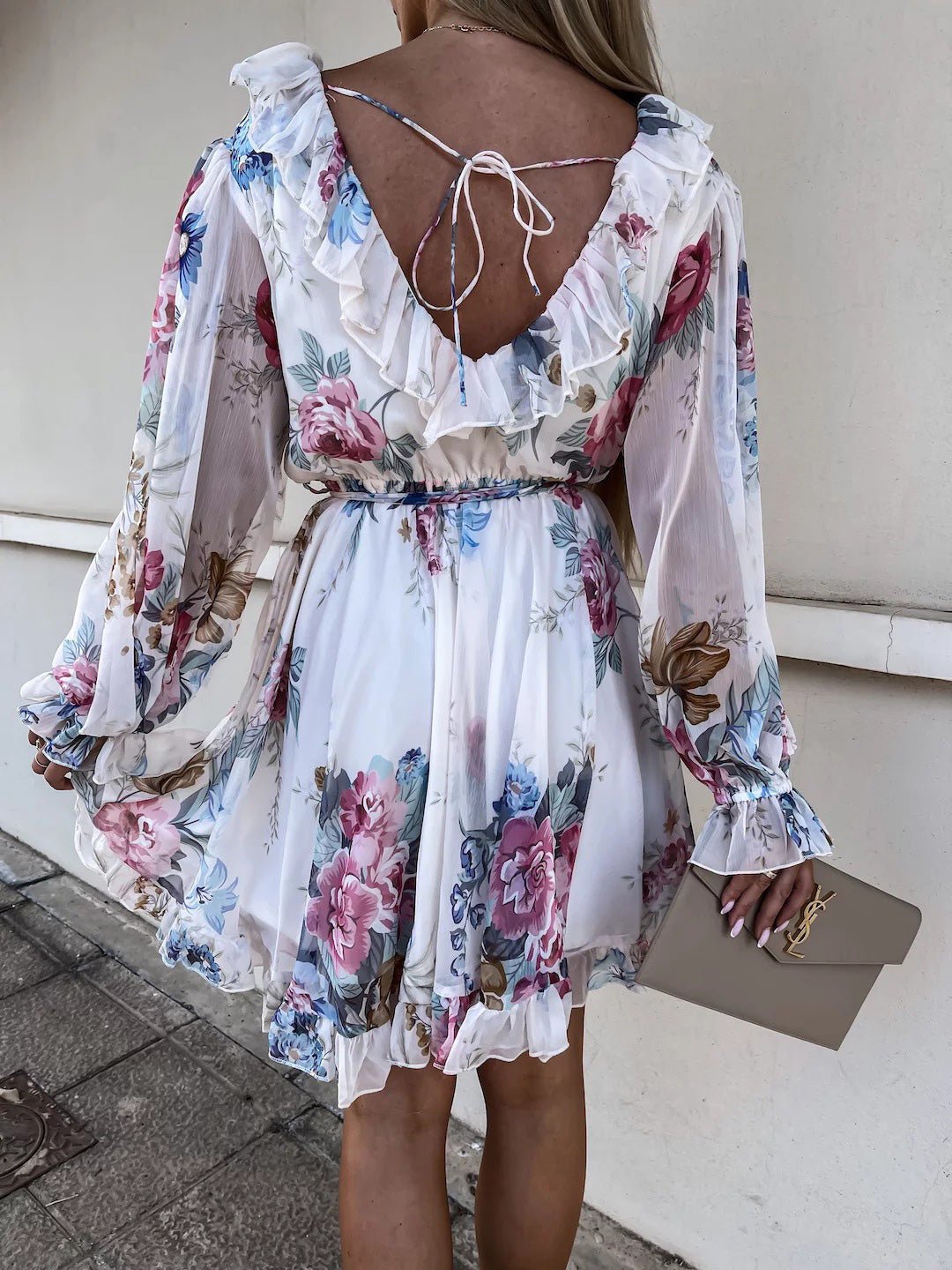 Women's Dresses Ruffled V-Neck Print Long-Sleeve Mini Dress - LuckyFash™