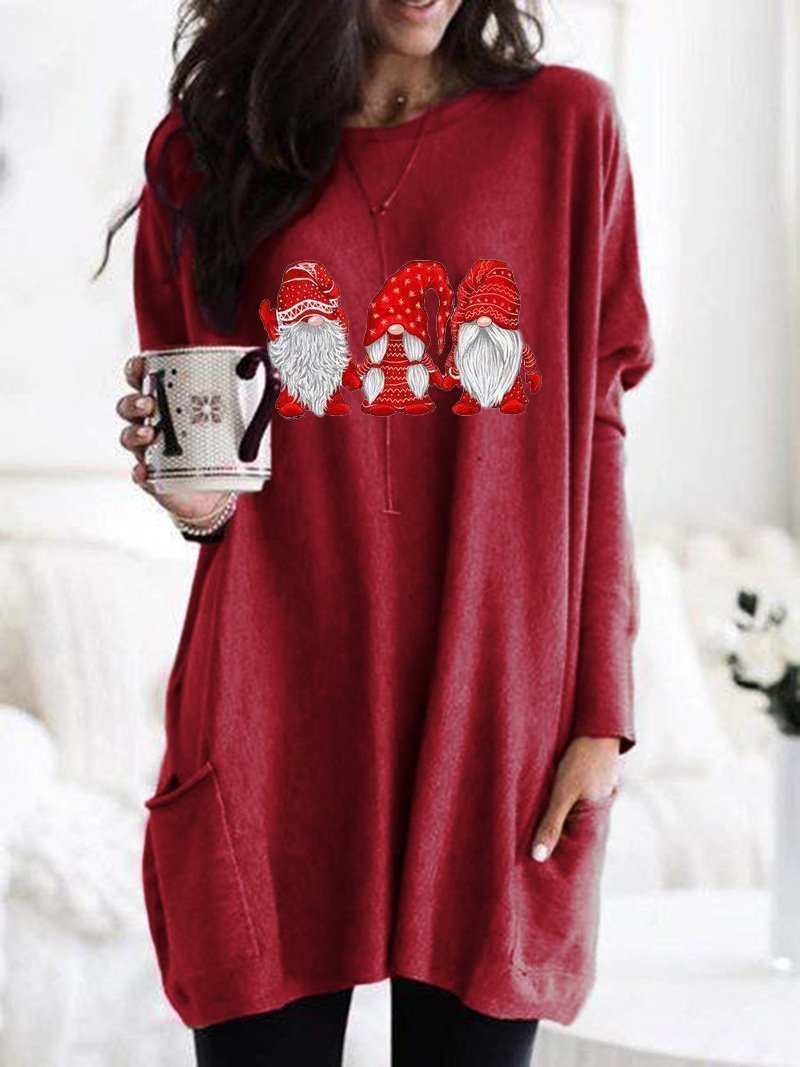Women's Dresses Santa Claus Print Round Neck Pocket Long Sleeve Dress - LuckyFash™