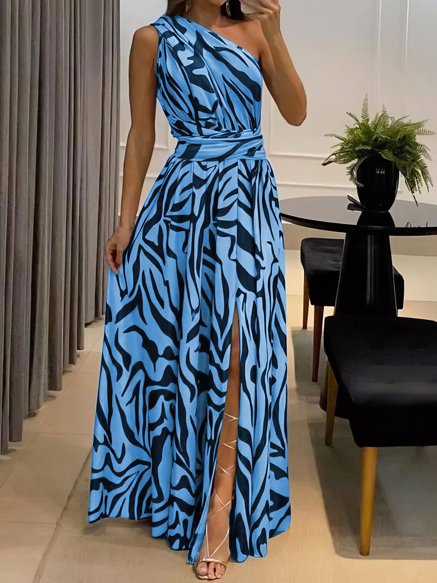 Dresses Sexy Slip Back Printed One Shoulder Sleeveless Maxi Dress - LuckyFash™