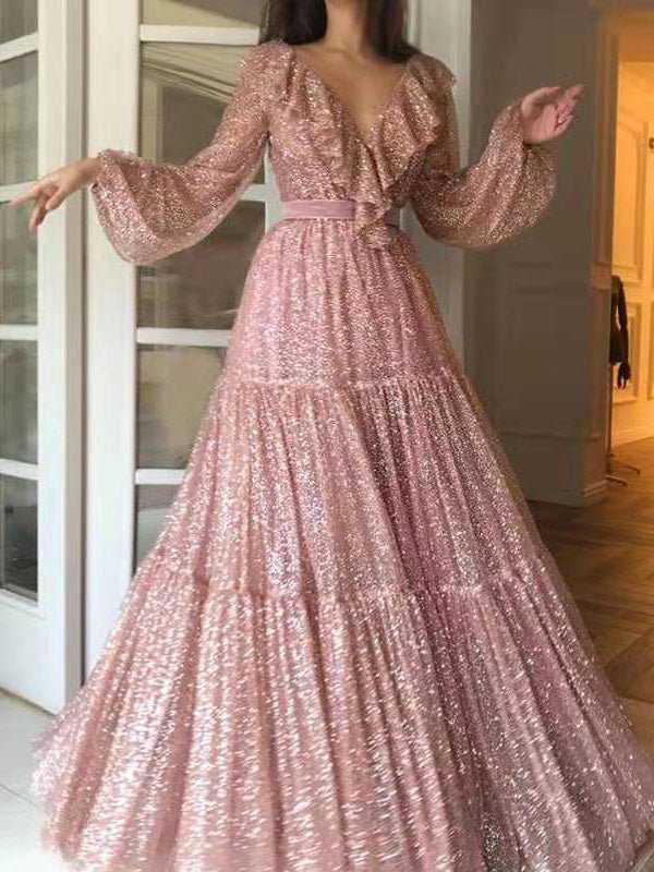 Women's Dresses Shiny Ruffle V-Neck Long Sleeve Dress - LuckyFash™