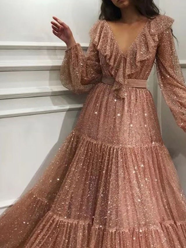 Women's Dresses Shiny Ruffle V-Neck Long Sleeve Dress - LuckyFash™