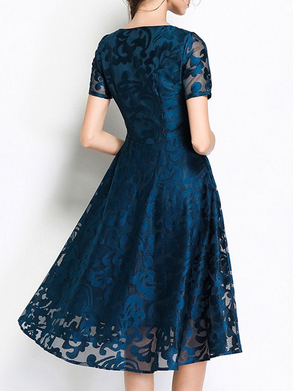 Dresses Short Sleeve Slim Fit Lace Swing Midi Dress - LuckyFash™