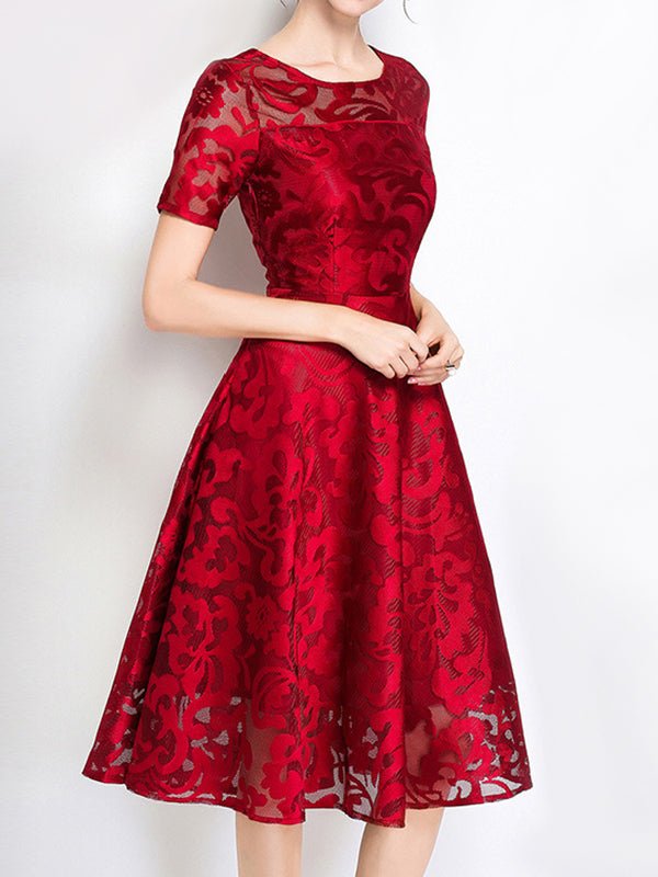 Dresses Short Sleeve Slim Fit Lace Swing Midi Dress - LuckyFash™