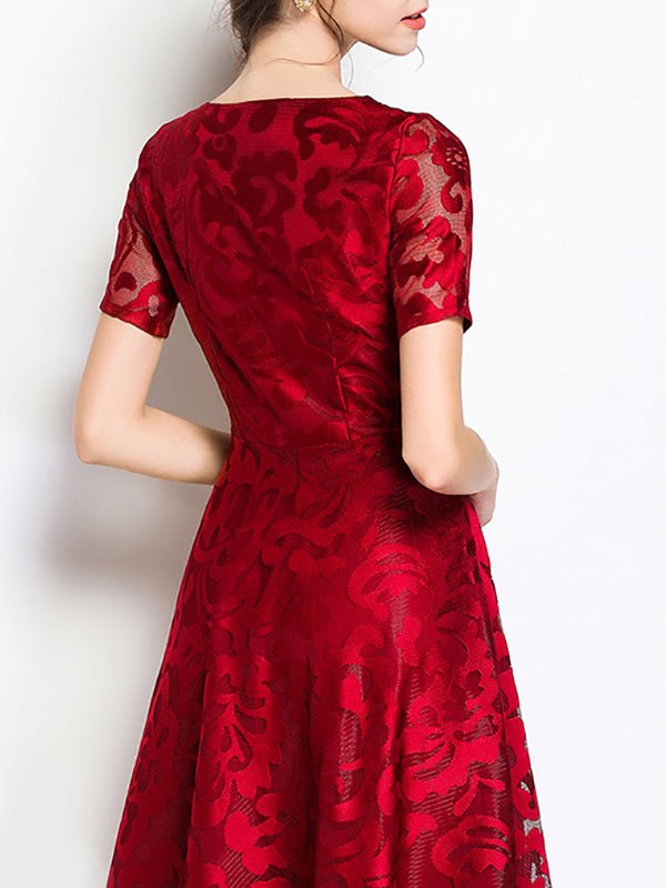 Dresses Short Sleeve Slim Fit Lace Swing Midi Dress - LuckyFash™