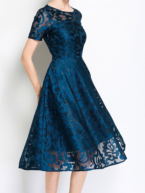 Dresses Short Sleeve Slim Fit Lace Swing Midi Dress - LuckyFash™