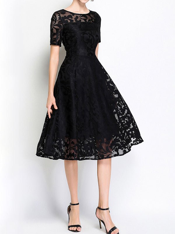 Dresses Short Sleeve Slim Fit Lace Swing Midi Dress - LuckyFash™