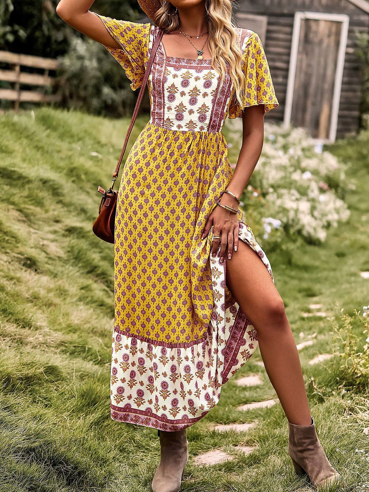 Dresses Short Sleeved Bohemian Casual Midi Dress - LuckyFash™