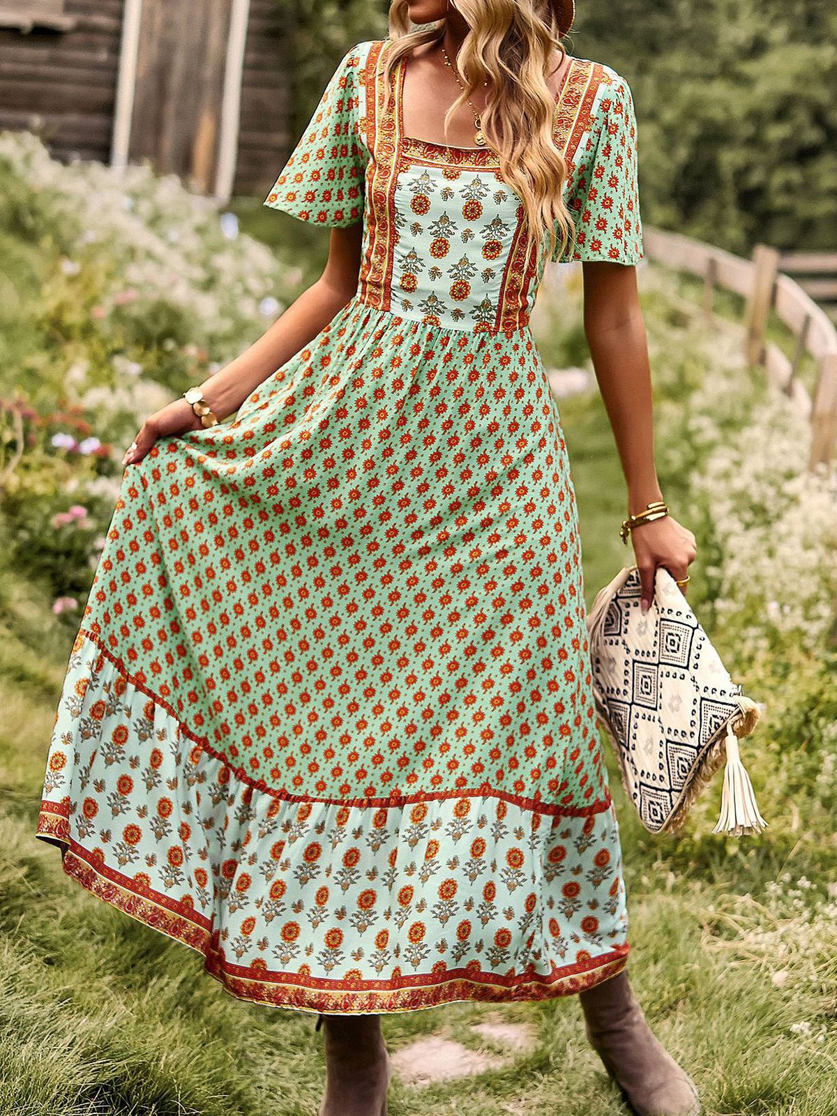 Dresses Short Sleeved Bohemian Casual Midi Dress - LuckyFash™