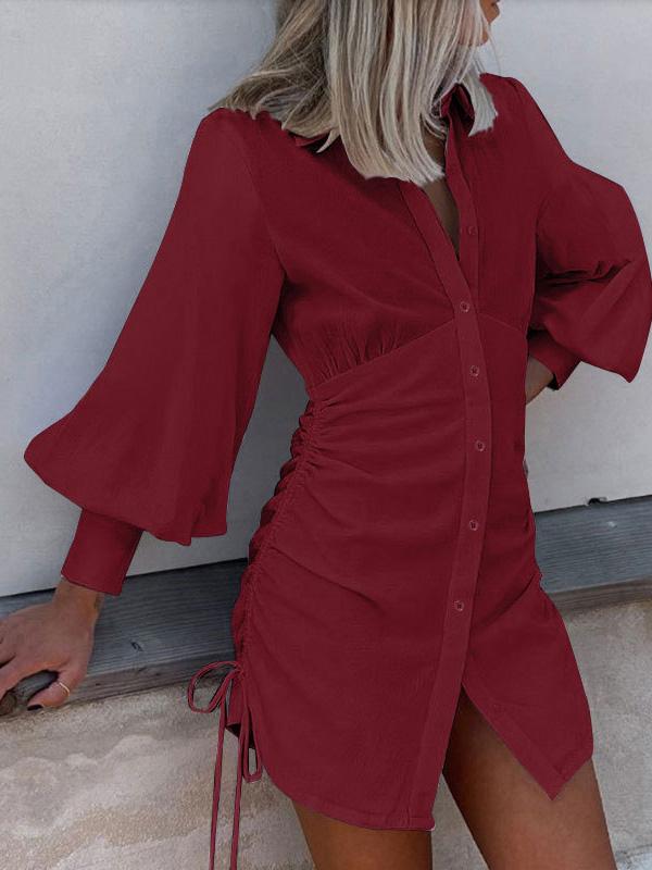 Women's Dresses Side Pleated Lace-Up Long Sleeve Shirt Dress - LuckyFash™