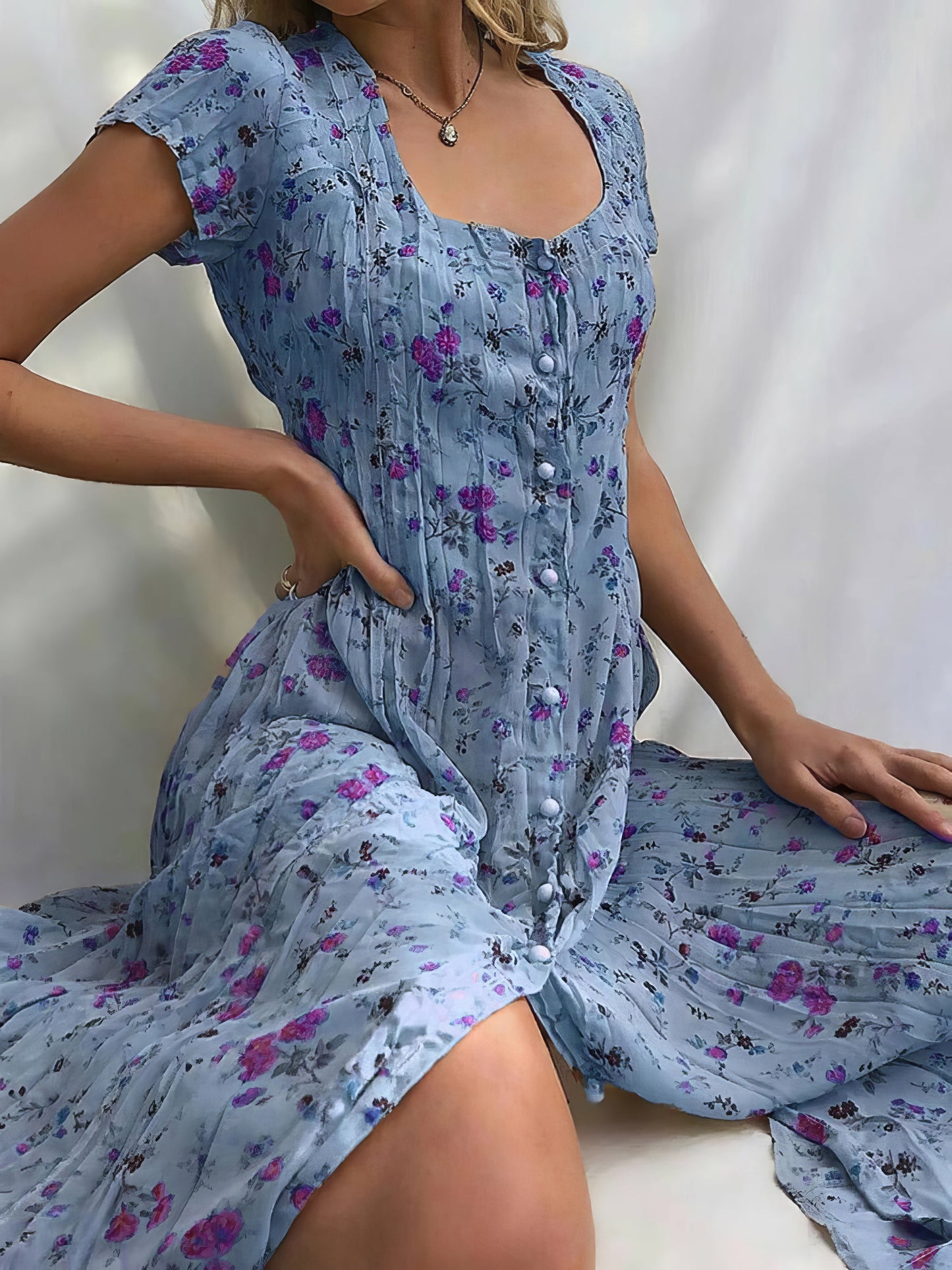 Dresses Single Breasted Floral Short Sleeve Dress - LuckyFash™