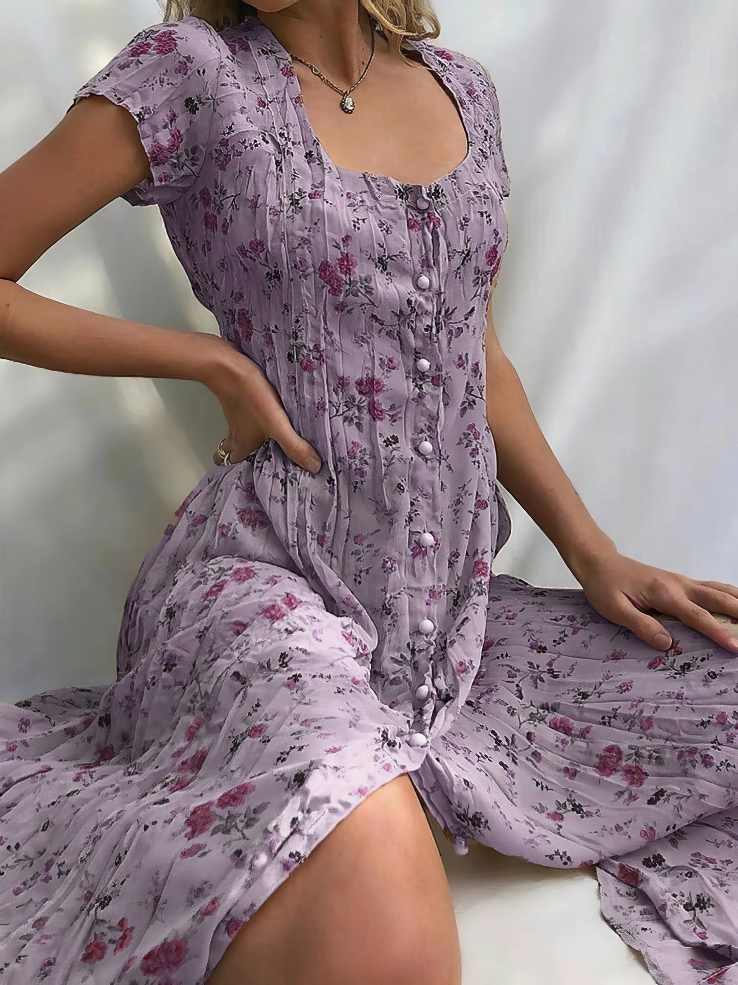Dresses Single Breasted Floral Short Sleeve Dress - LuckyFash™