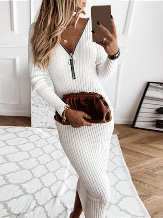 Women's Dresses Slim Fit Zip V-Neck Long Sleeve Dress - LuckyFash™