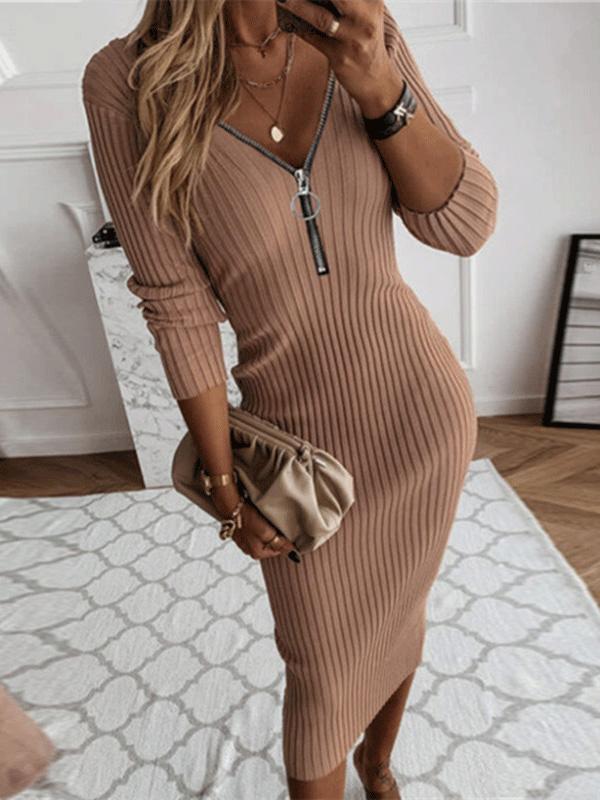 Women's Dresses Slim Fit Zip V-Neck Long Sleeve Dress - LuckyFash™