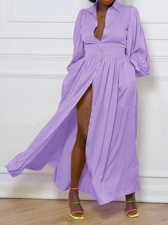 Women's Dresses Solid Button Balloon Sleeve Shirt Dress - LuckyFash™