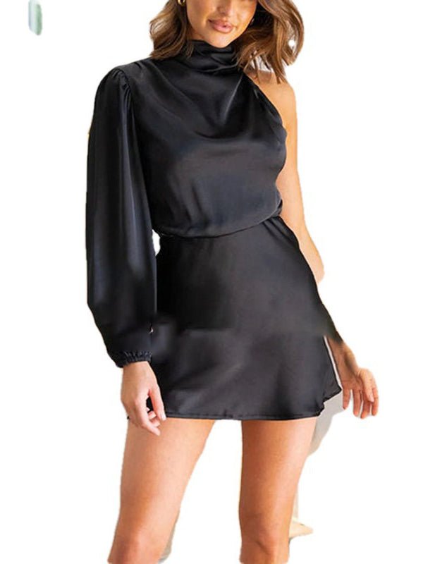 Dresses Solid Color Fashion One Shoulder Long Sleeved Mini Dress - LuckyFash™