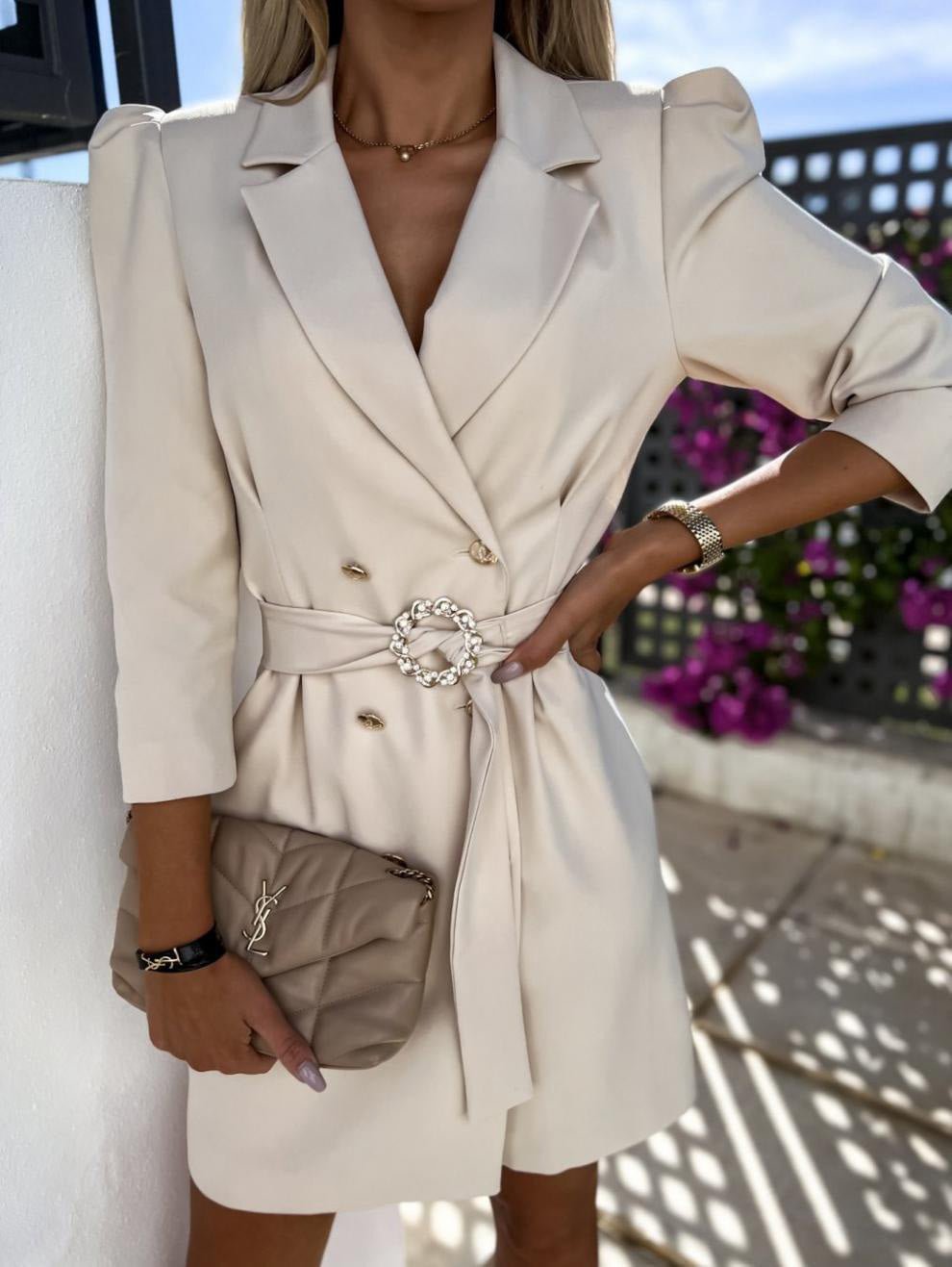 Women's Dresses Solid Double-Breasted Belted Suit Dress - LuckyFash™